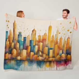 Couverture Polaire Aquarelle Abstraite Peinture Gold Cityscape