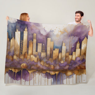 Couverture Polaire Aquarelle Abstraite peinture or Cityscape violet