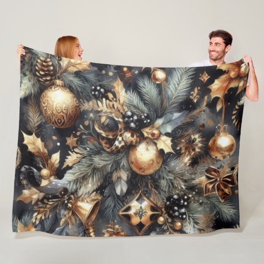Couverture Polaire Aquarelle Black Gold Motifs de Noël (En situation)
