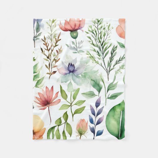 Couverture Polaire Aquarelle blanche Jardin botanique floral (Devant)