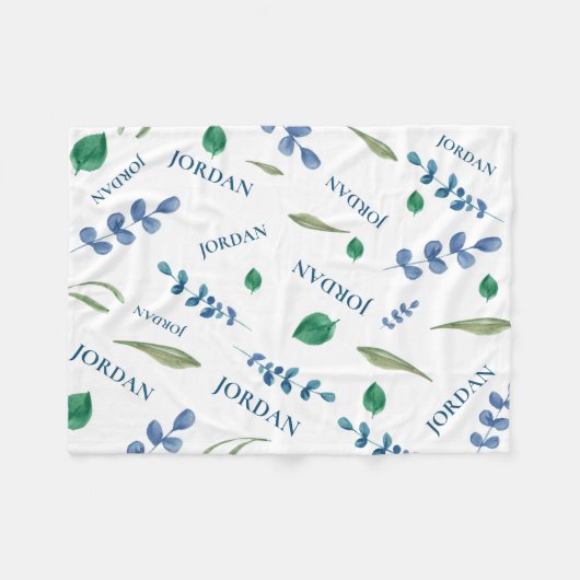 Couverture Polaire Aquarelle blanche verte Botanique feuille nom de b (Devant (Horizontal))