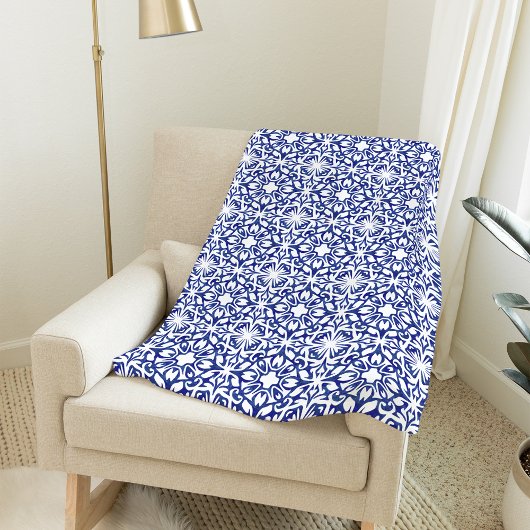Couverture Polaire Aquarelle bleu Cobalt Carrelage espagnol Motif