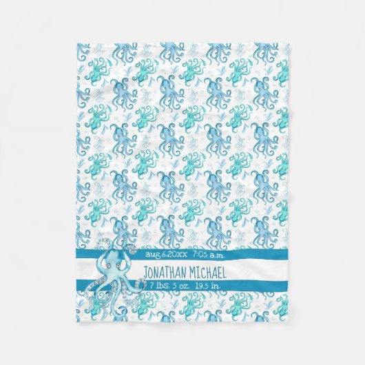 Couverture Polaire Aquarelle bleu et Turquoise Nom de la pieuvre (Devant)