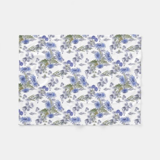 Couverture Polaire Aquarelle bleu fleurs roses plumes blanc (Devant (Horizontal))