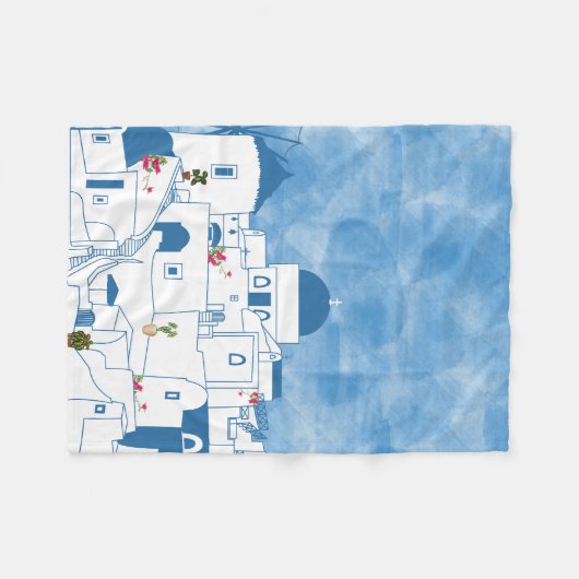 Couverture Polaire Aquarelle bleue et blanche Santorin Grèce (Devant (Horizontal))