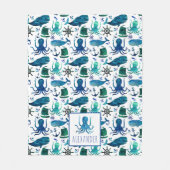 Couverture Polaire Aquarelle bleue Nautique Sous La Mer Octopus (Devant)