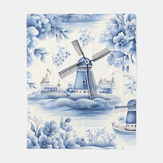 Couverture Polaire Aquarelle Blue Dutch Delft Windmill (Devant)
