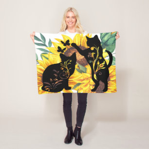 Couverture Polaire Aquarelle Bouquet de tournesol Chat Silhouette flo