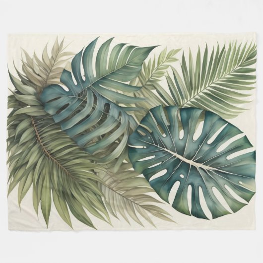 Couverture Polaire Aquarelle Bundle Tropical Monstera Palm Leaf II (Devant (Horizontal))