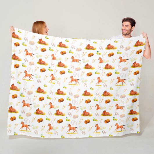 Couverture Polaire Aquarelle Chevaux Motifs Chaussures à cheval Pomme (En situation)