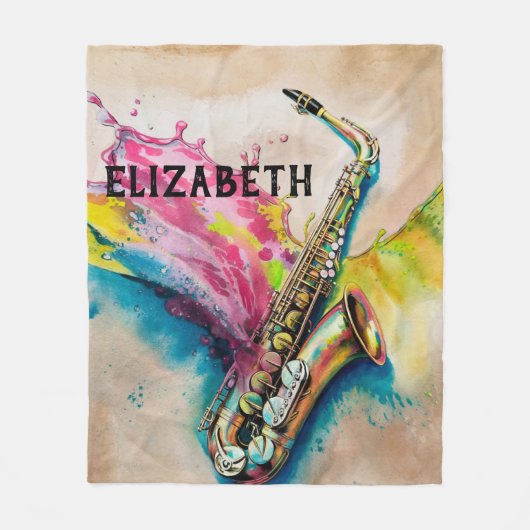 Couverture Polaire Aquarelle colorée Saxophone Splash personnalisé (Devant)