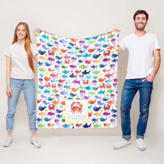 Couverture Polaire Aquarelle d'arc-en-ciel sous le crabe de mer (En situation)