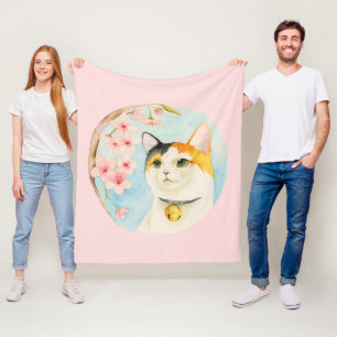 Couverture Polaire Aquarelle de chat et de fleurs de cerisier de