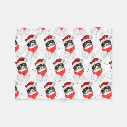 Couverture Polaire Aquarelle de Noël Chat Tricolée avec Écharpe (Devant (Horizontal))