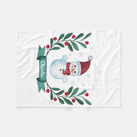 Couverture Polaire Aquarelle de Noël Snowman Custom (Devant (Horizontal))