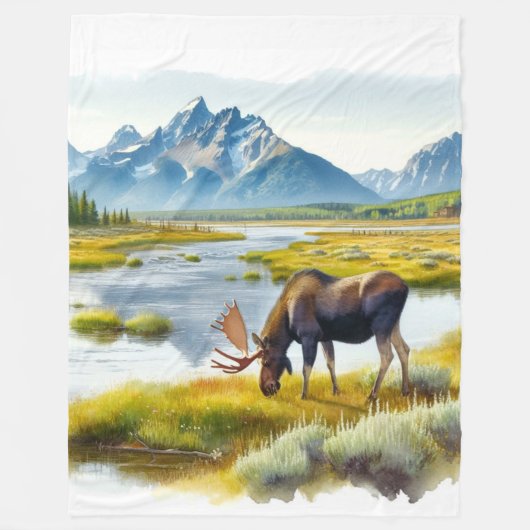 Couverture Polaire Aquarelle de style Cabine d'orignal rustique (Devant)