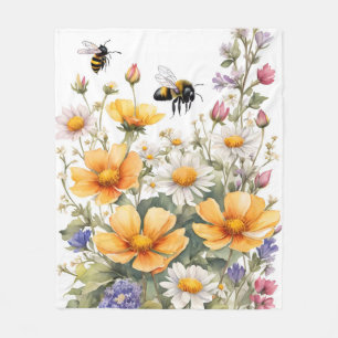 Couverture Polaire Aquarelle des abeilles fleurs sauvages et miel