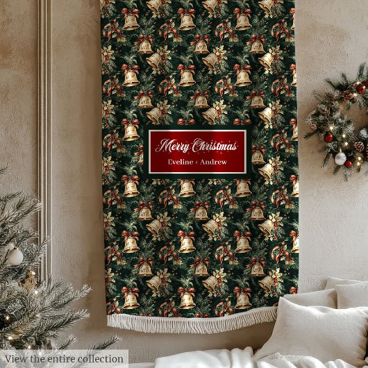 Couverture Polaire Aquarelle dorée cloches de Noël vert profond