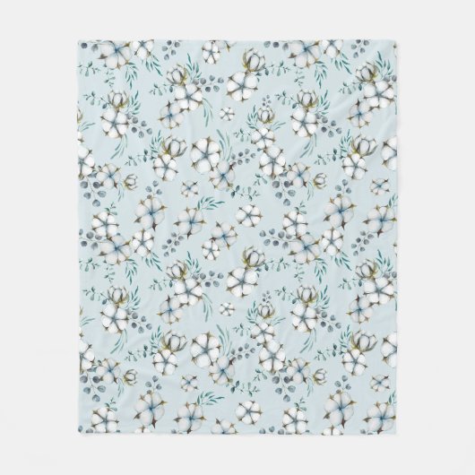 Couverture Polaire Aquarelle Fleurs de coton et Eucalyptus (Devant)