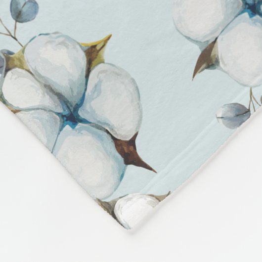 Couverture Polaire Aquarelle Fleurs de coton et Eucalyptus (Coin)