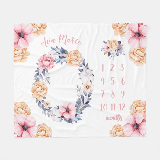 Couverture Polaire Aquarelle Floral Baby Milestone (Devant (Horizontal))