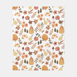 Couverture Polaire Aquarelle Florale Citrouilles et Feuilles