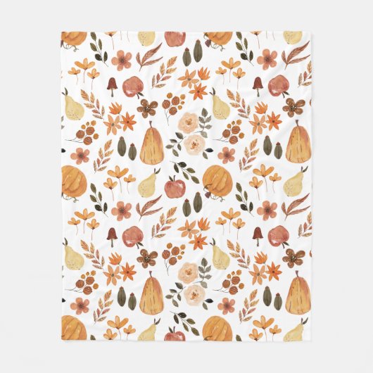 Couverture Polaire Aquarelle Florale Citrouilles et Feuilles (Devant)