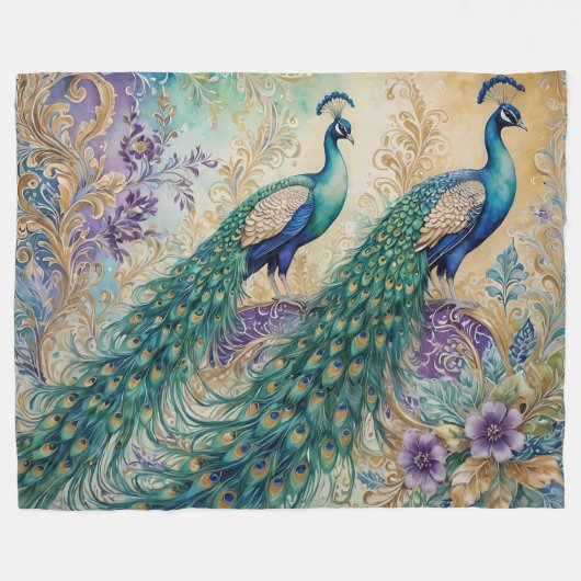 Couverture Polaire Aquarelle florale Paisley Peacock (Devant (Horizontal))