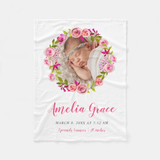 Couverture Polaire Aquarelle Florale Photo Bébé statistiques de naiss (Devant)