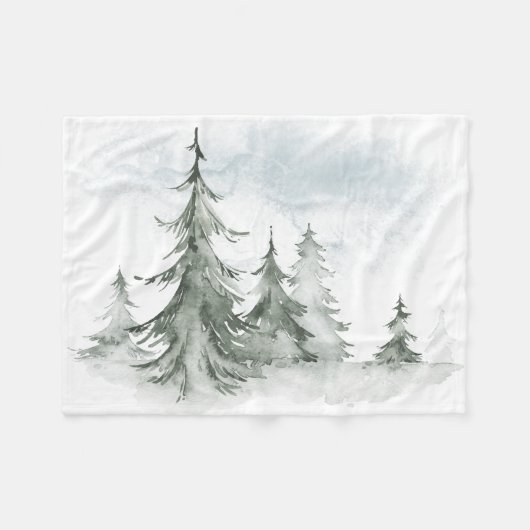 Couverture Polaire Aquarelle Forêt de sapins rustiques hiver (Devant (Horizontal))