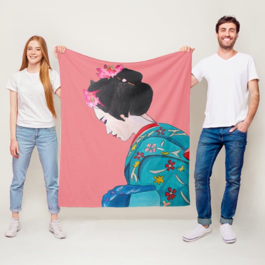 Couverture Polaire Aquarelle Geisha avec thème d'art kimono Japon (En situation)