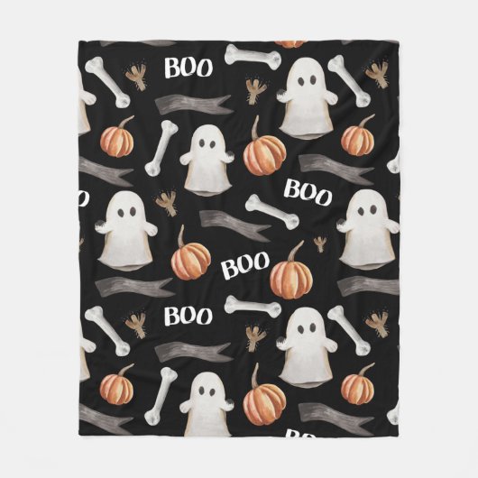 Couverture Polaire Aquarelle Halloween Boo Ghost et Citrouille Noir (Devant)