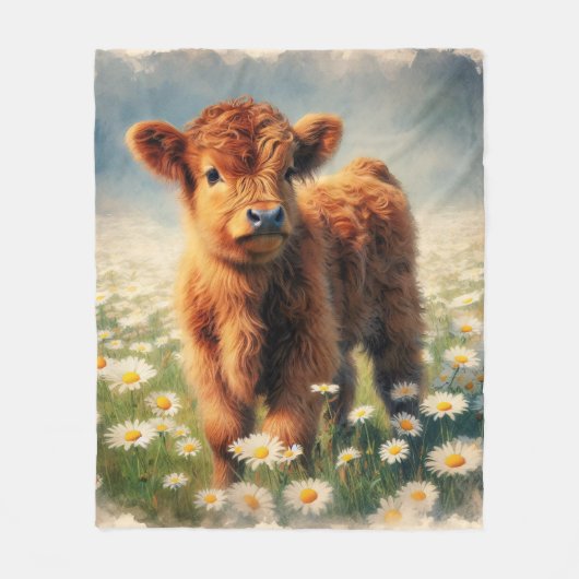 Couverture Polaire Aquarelle Highland Cow Calf Daisy Field (Devant)