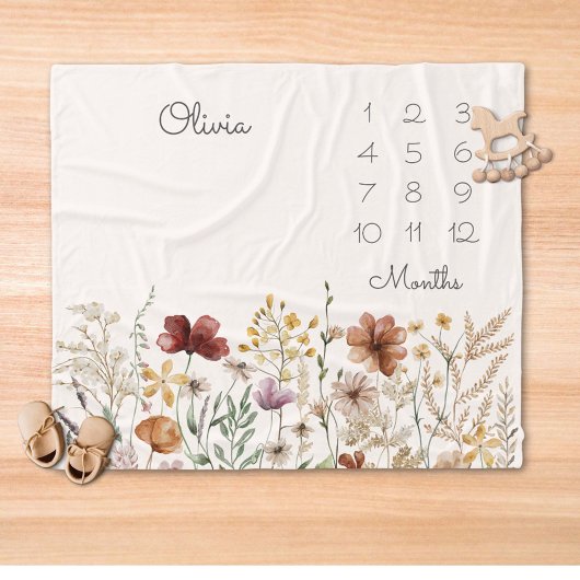 Couverture Polaire Aquarelle Joli Fleur sauvage Milestone Baby