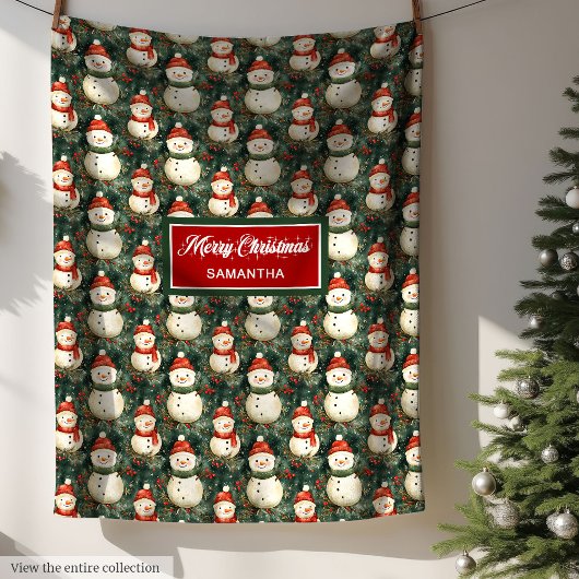 Couverture Polaire Aquarelle Joueuse Snowman Deep Sage Vert Rouge