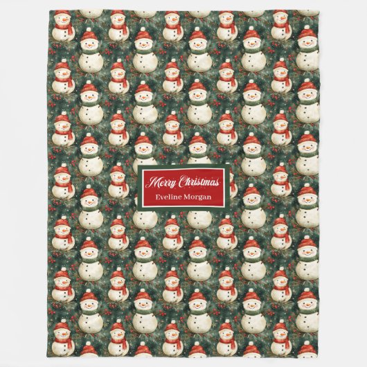 Couverture Polaire Aquarelle Joueuse Snowman Deep Sage Vert Rouge (Devant)