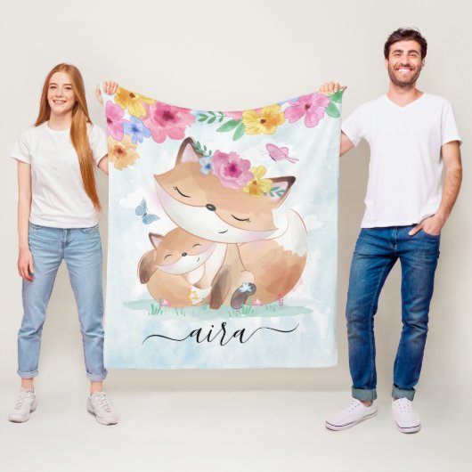Couverture Polaire Aquarelle Kawaii Fox avec Fleurs et Nom personnali (En situation)