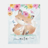 Couverture Polaire Aquarelle Kawaii Fox avec Fleurs et Nom personnali (Devant)