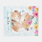 Couverture Polaire Aquarelle Kawaii Fox avec Fleurs et Nom personnali (Devant (Horizontal))