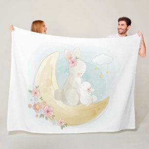 Couverture Polaire Aquarelle maman et bébé lapins sur la lune