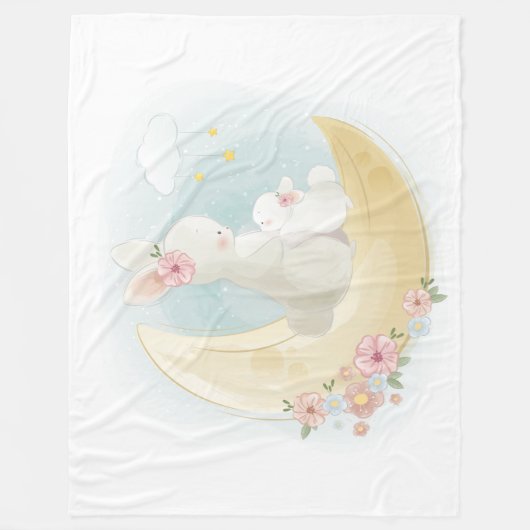 Couverture Polaire Aquarelle maman et bébé lapins sur la lune (Devant)