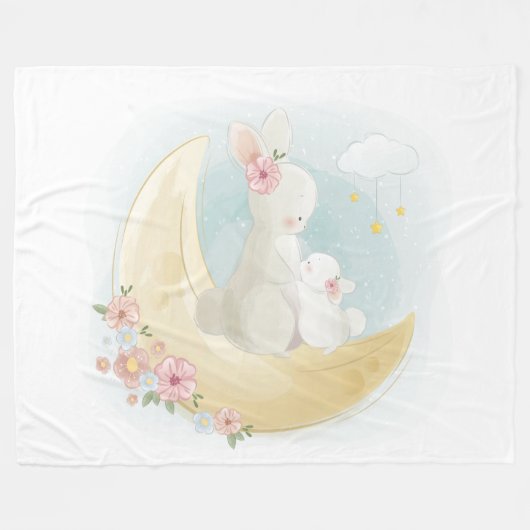 Couverture Polaire Aquarelle maman et bébé lapins sur la lune (Devant (Horizontal))