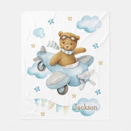 Couverture Polaire Aquarelle mignon bébé ours avion (Devant)