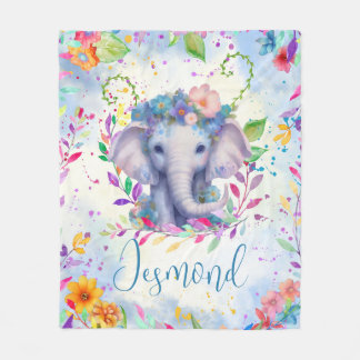 Couverture Polaire Aquarelle mignonne Eléphant avec fleurs