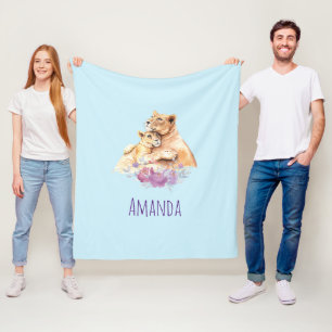 Couverture Polaire Aquarelle mignonne Mère Lion & Cub