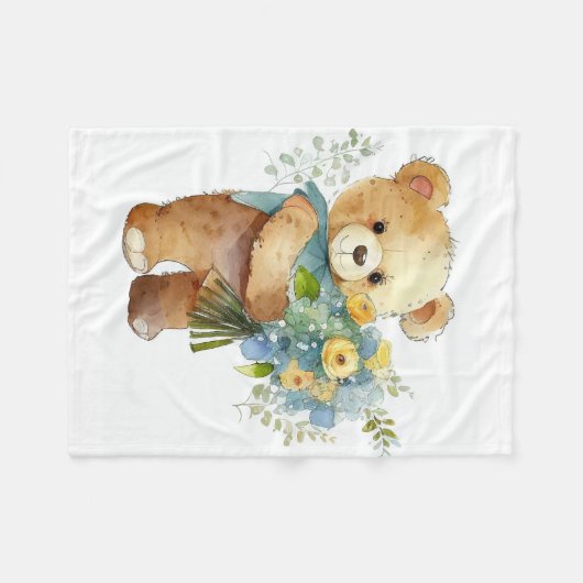 Couverture Polaire Aquarelle mignonne Ours en Teddy avec fleurs Bouqu (Devant (Horizontal))