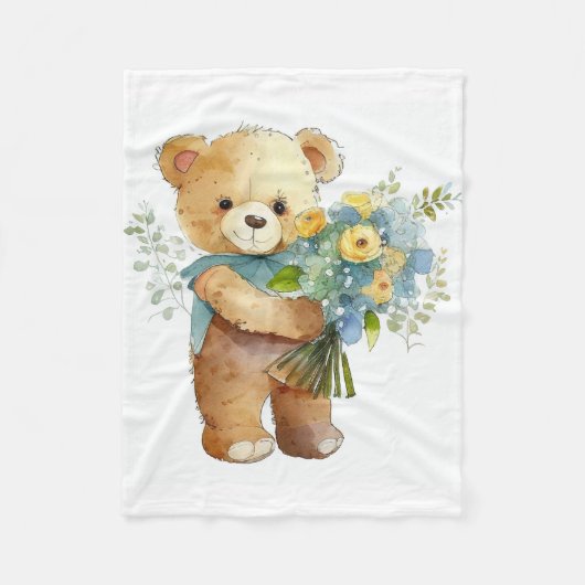 Couverture Polaire Aquarelle mignonne Ours en Teddy avec fleurs Bouqu (Devant)