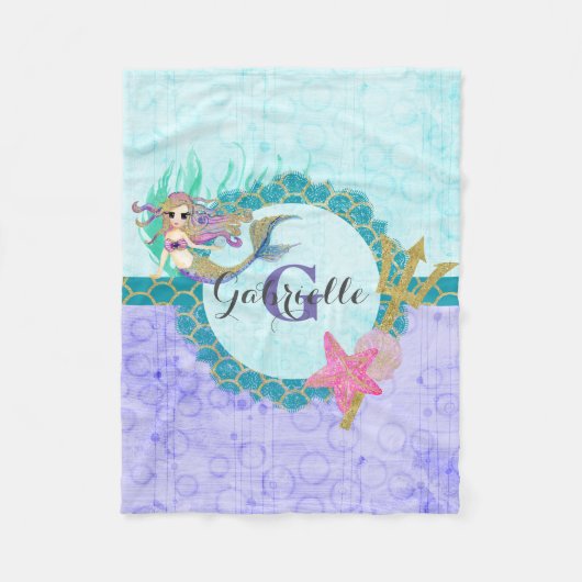 Couverture Polaire Aquarelle mignonne sirène Turquoise et violet (Devant)
