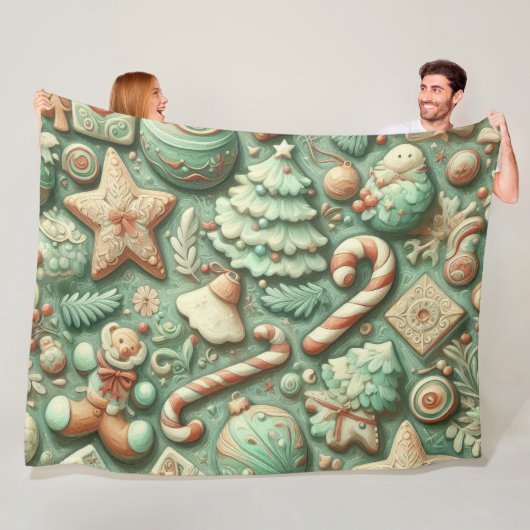Couverture Polaire Aquarelle Mint Vert Motifs de Noël (En situation)