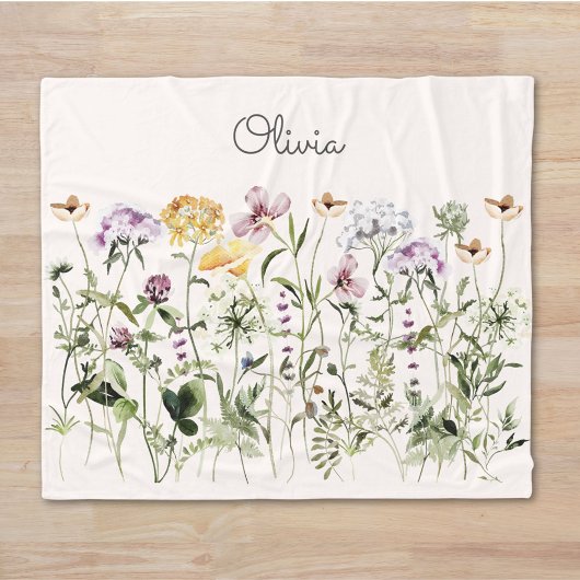 Couverture Polaire Aquarelle Monogramme Jardin Fleur sauvage coloré